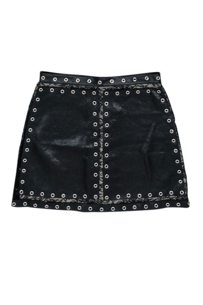 Current Boutique-Alice & Olivia - Black Leather & Lace Grommet Detail Skirt Sz 10