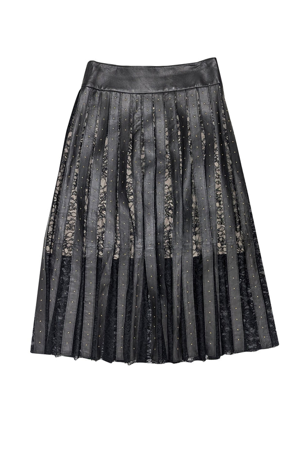 Current Boutique-Alice & Olivia - Black Leather & Lace Studded Skirt Sz 0