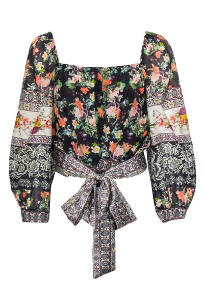Current Boutique-Alice & Olivia - Black Multi Color Floral Print Tie Hem Silk "Clarabelle" Blouse Sz L