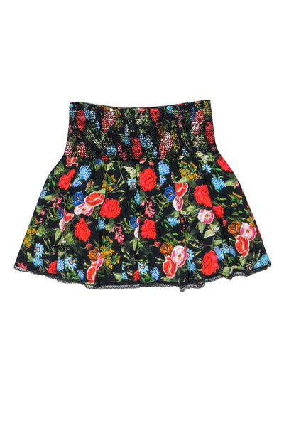 Current Boutique-Alice & Olivia - Black Mutlicolor Floral Print "Buffy Smocked Miniskirt" Sz M