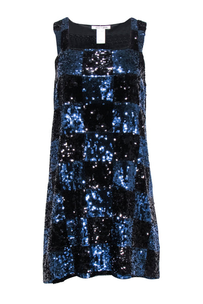 Current Boutique-Alice & Olivia - Black & Navy Check Patterned Sequin Mini Dress Sz M