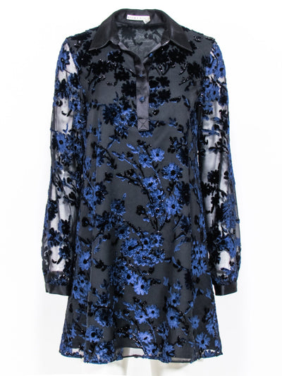 Current Boutique-Alice & Olivia - Black & Navy Velvet Floral Pattern Shift Dress Sz 6