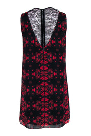 Current Boutique-Alice & Olivia - Black & Red Floral Print Sleeveless Shift Dress w/ Lace Middle V Sz 6