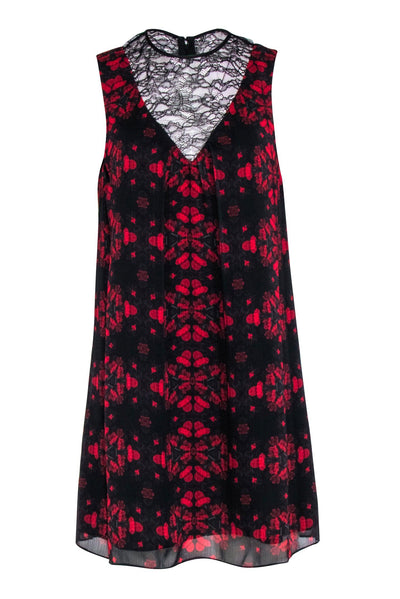Current Boutique-Alice & Olivia - Black & Red Floral Print Sleeveless Shift Dress w/ Lace Middle V Sz 6