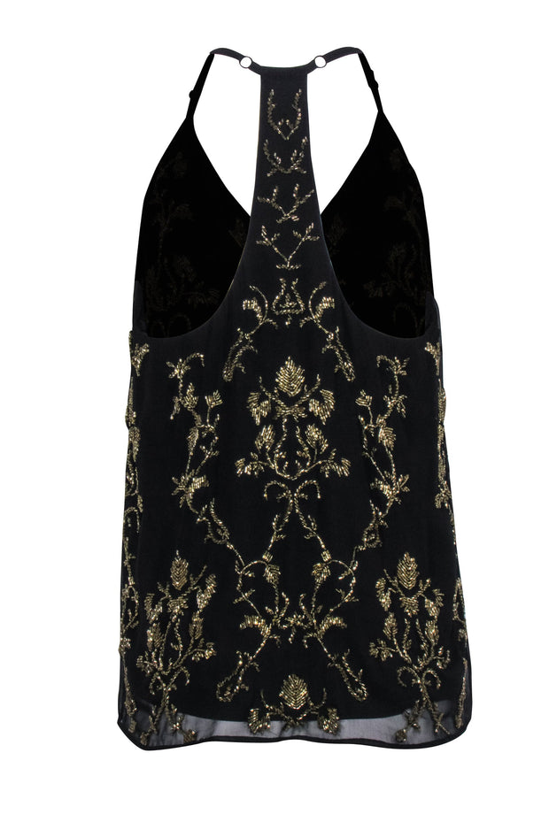 Current Boutique-Alice & Olivia - Black Sleeveless Racerback Top w/ Gold Beaded Accents Sz M