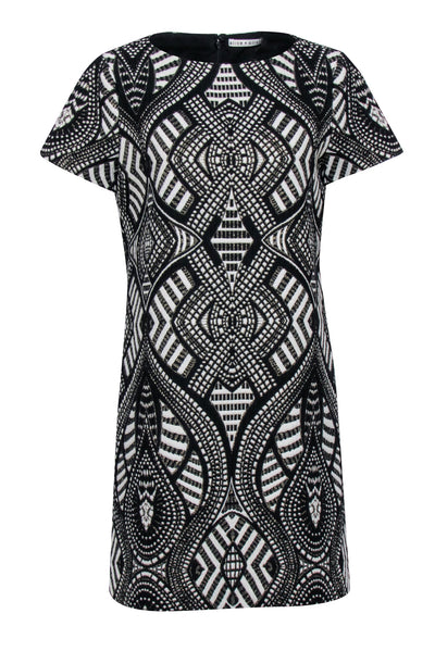 Current Boutique-Alice & Olivia - Black, White & Gold Short Sleeve Geometric Print Dress Sz 10