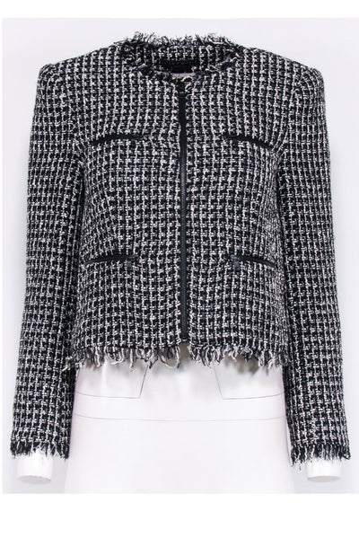 Current Boutique-Alice & Olivia - Black & White Textured Knit Jacket w/ Fringe Trim Sz S