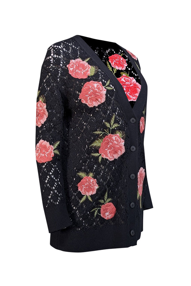 Current Boutique-Alice & Olivia - Black Wool Blend Cardigan w/ Pink Floral Embroidery Sz S