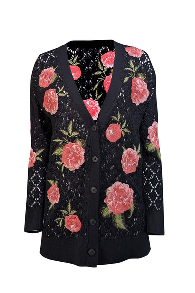 Current Boutique-Alice & Olivia - Black Wool Blend Cardigan w/ Pink Floral Embroidery Sz S