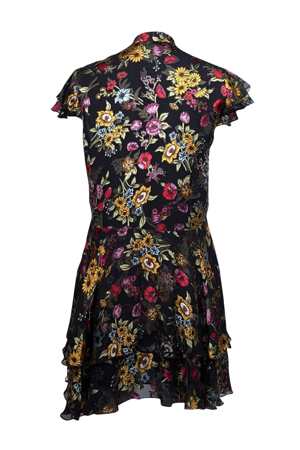 Current Boutique-Alice & Olivia - Black w/ Multicolor Burnout Floral Print Ruffled Mini Dress Sz 4