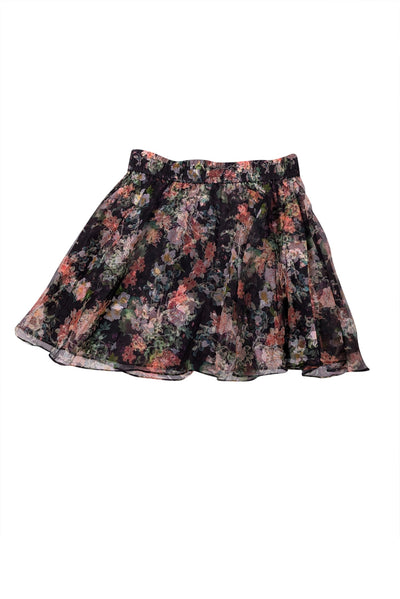 Current Boutique-Alice & Olivia - Black w/ Peach & Green Floral Print Silk Skirt Sz 4