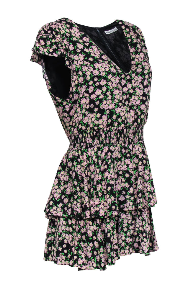 Current Boutique-Alice & Olivia - Black w/ Pink & Green Floral Print Ruffled Romper Sz M