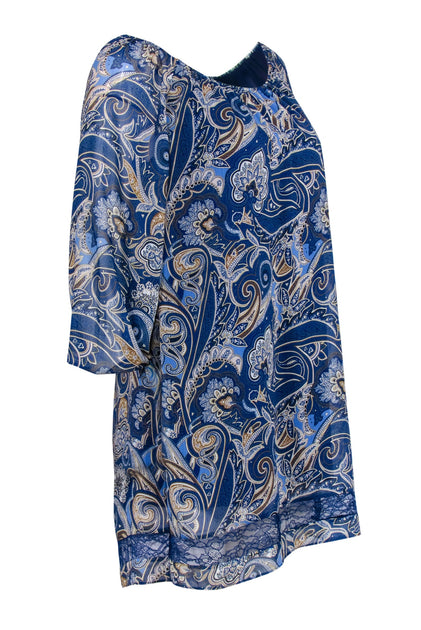 Alice & Olivia - Blue & Beige Paisley Print Off The Shoulder Dress Sz ...