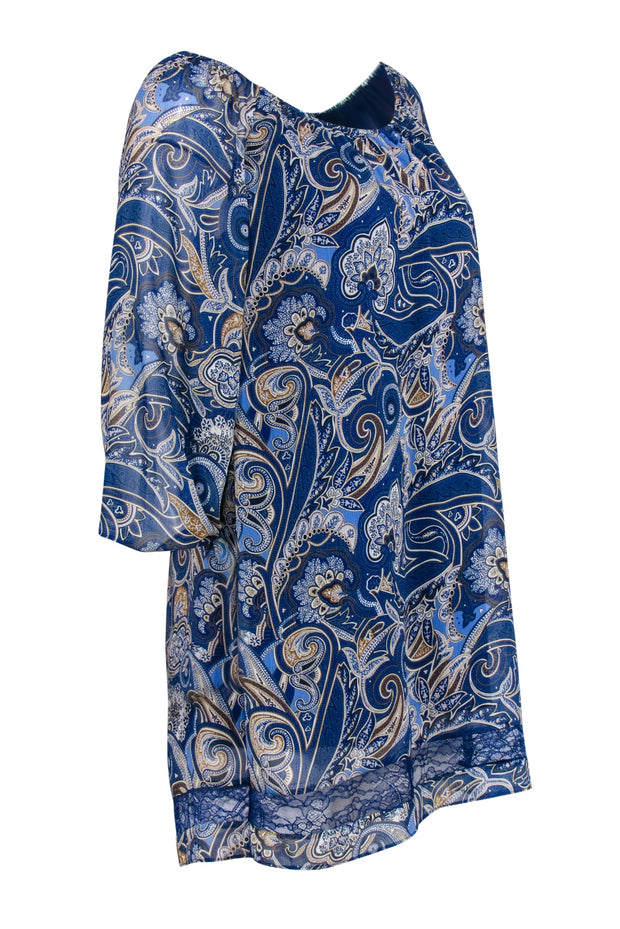 Current Boutique-Alice & Olivia - Blue & Beige Paisley Print Off The Shoulder Dress Sz XS