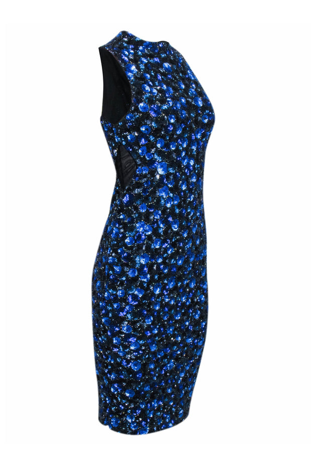 Current Boutique-Alice & Olivia - Blue & Black Beaded "Ivana" Midi Sheath Dress Sz 6