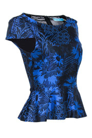 Current Boutique-Alice & Olivia - Blue & Black Floral Brocade Peplum Top Sz XS