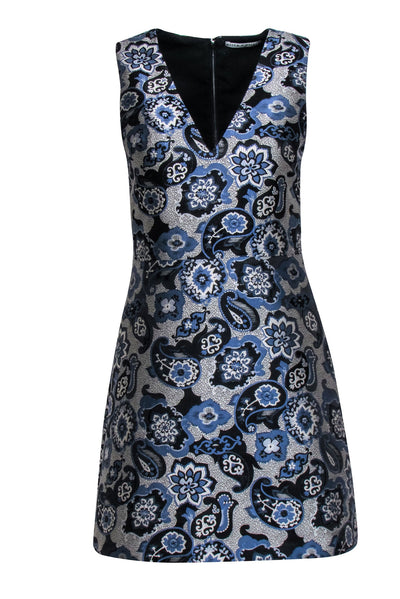 Current Boutique-Alice & Olivia - Blue, Black & Grey Paisley Jacquard Sleeveless Dress Sz 2