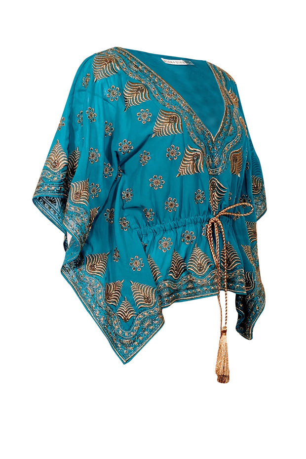 Current Boutique-Alice & Olivia - Blue & Gold Embellished Caftan Top Sz S