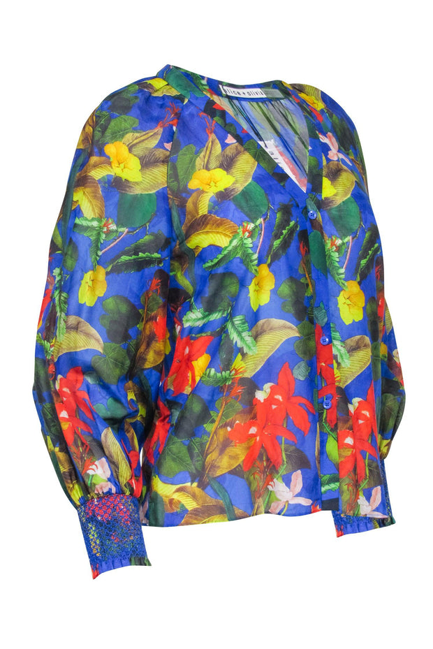 Current Boutique-Alice & Olivia - Blue w/ Red & Yellow Floral Print Blouse Sz XS