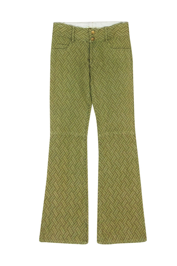 Current Boutique-Alice & Olivia - Green & Beige Basket Weave Patterned Flare Pants Sz 0