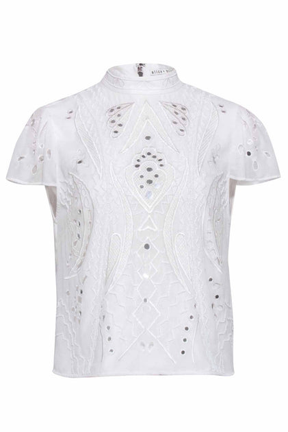 Alice & Olivia - Ivory Eyelet Short Sleeve w/ Metallic Detail Sz 8 ...