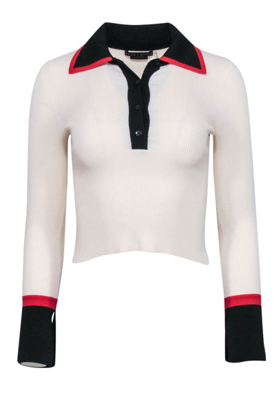 Current Boutique-Alice & Olivia - Ivory Ribbed Knit Quarter Button Top Sz XS