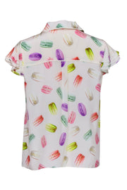 Current Boutique-Alice & Olivia - Ivory w/ Multicolor Macaron Print Short Sleeve Button Front Shirt Sz M