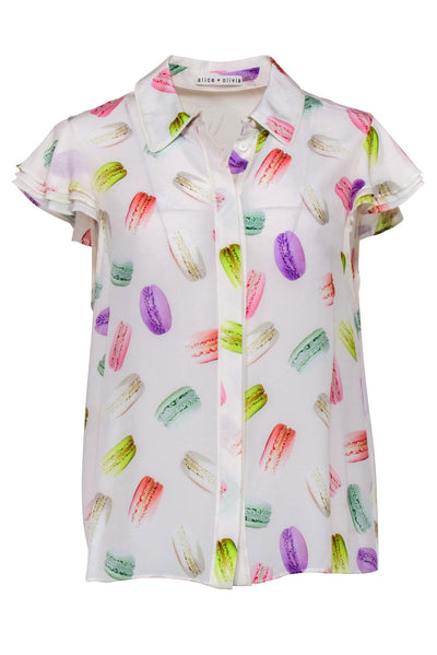 Current Boutique-Alice & Olivia - Ivory w/ Multicolor Macaron Print Short Sleeve Button Front Shirt Sz M