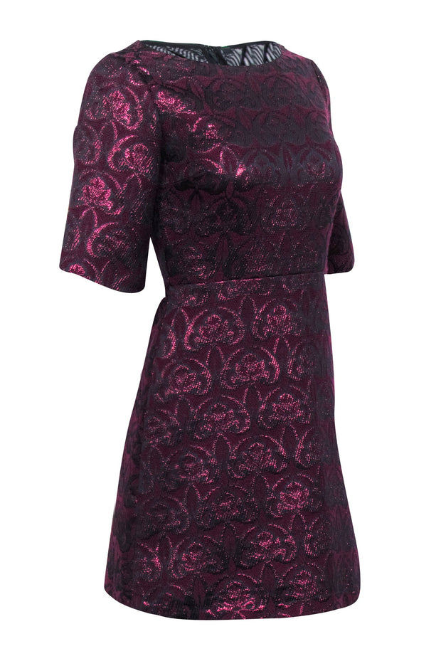 Current Boutique-Alice & Olivia - Maroon Brocade Metallic Floral Print Mini Dress Sz 2
