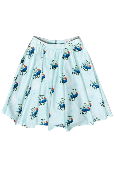 Current Boutique-Alice & Olivia - Mint Green & Blue Bird Print Flare Skirt Sz 6