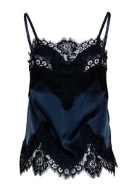 Current Boutique-Alice & Olivia - Navy Silk Blend Tank w/ Black Lace Trims Sz XS