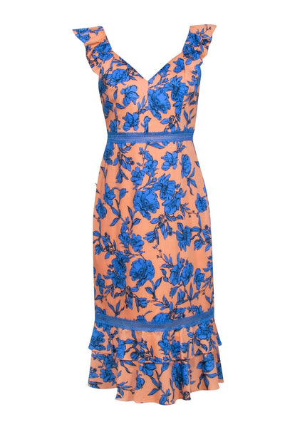 Current Boutique-Alice & Olivia - Peach & Blue Floral Sleeveless Midi Dress Sz 10