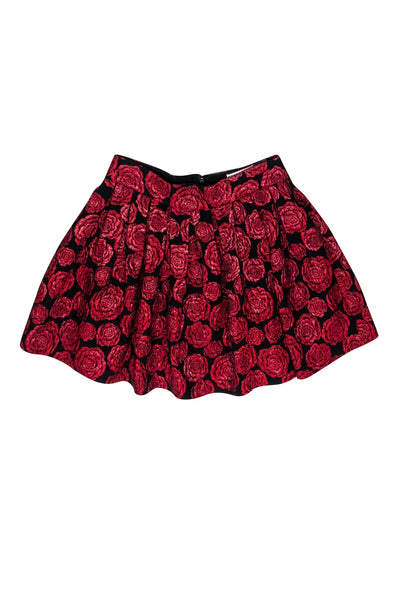 Current Boutique-Alice & Olivia - Red & Black Rose Print Flared Skirt Sz 6