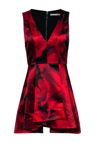 Current Boutique-Alice & Olivia - Red & Black Rose Print Sleeveless Dress Sz 0