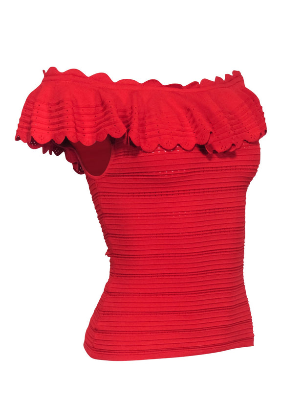 Current Boutique-Alice & Olivia - Red Knit Off The Shoulder Rib Top w/ Ruffles Sz M