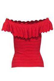 Current Boutique-Alice & Olivia - Red Knit Off The Shoulder Rib Top w/ Ruffles Sz M