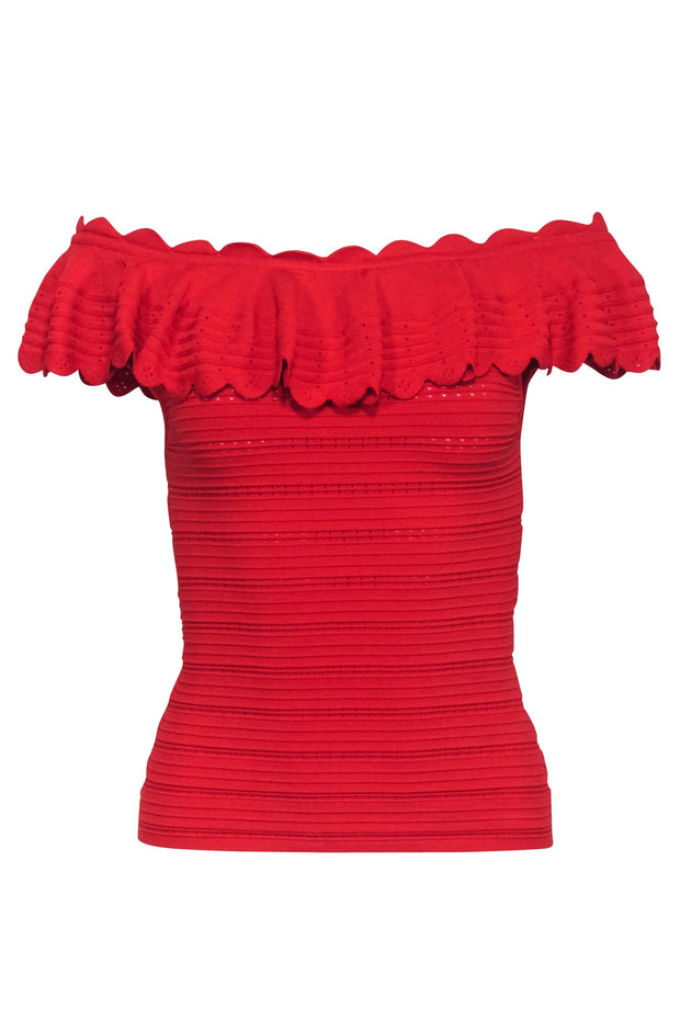 Current Boutique-Alice & Olivia - Red Knit Off The Shoulder Rib Top w/ Ruffles Sz M