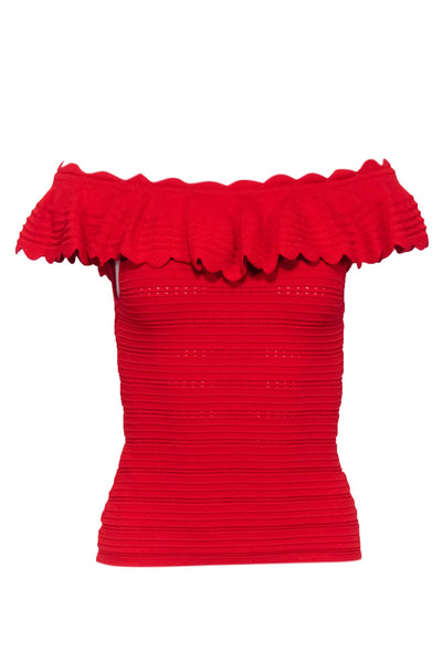 Alice & Olivia - Red Knit Off The Shoulder Rib Top w/ Ruffles Sz S