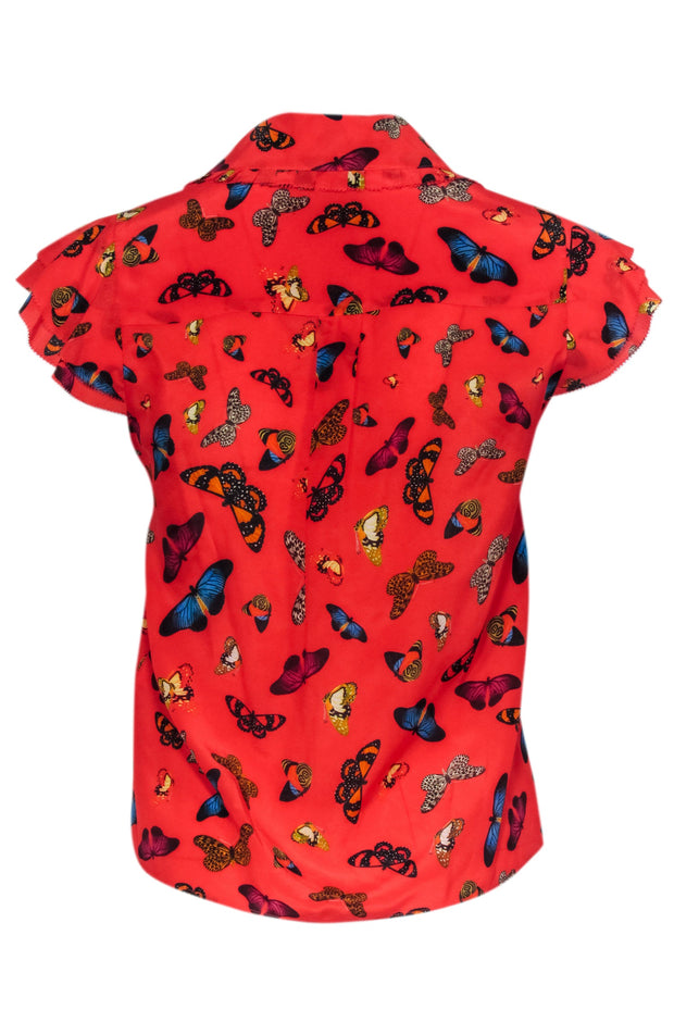 Current Boutique-Alice & Olivia - Red Silk Butterfly Print Short Sleeve Shirt w/ Cap Sleeves Sz XS
