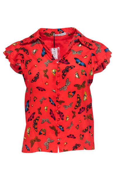 Current Boutique-Alice & Olivia - Red Silk Butterfly Print Short Sleeve Shirt w/ Cap Sleeves Sz XS