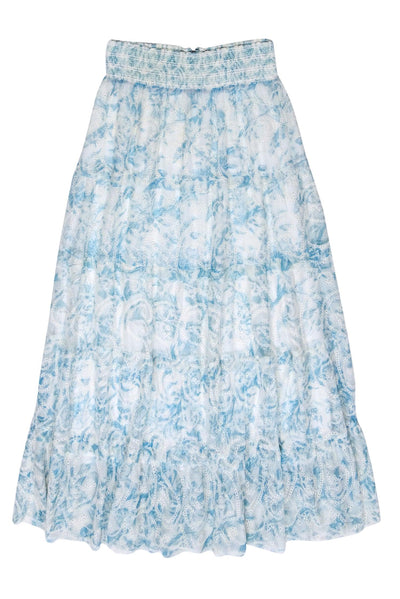 Current Boutique-Alice & Olivia - White & Blue Embroidered Tiered Maxi Skirt Sz L
