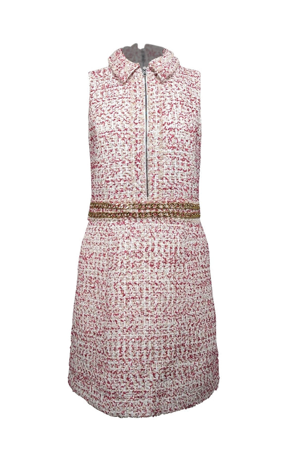 Current Boutique-Alice & Olivia - White, Raspberry, & Gold Tweed Chain-Trimmed Dress Sz 10