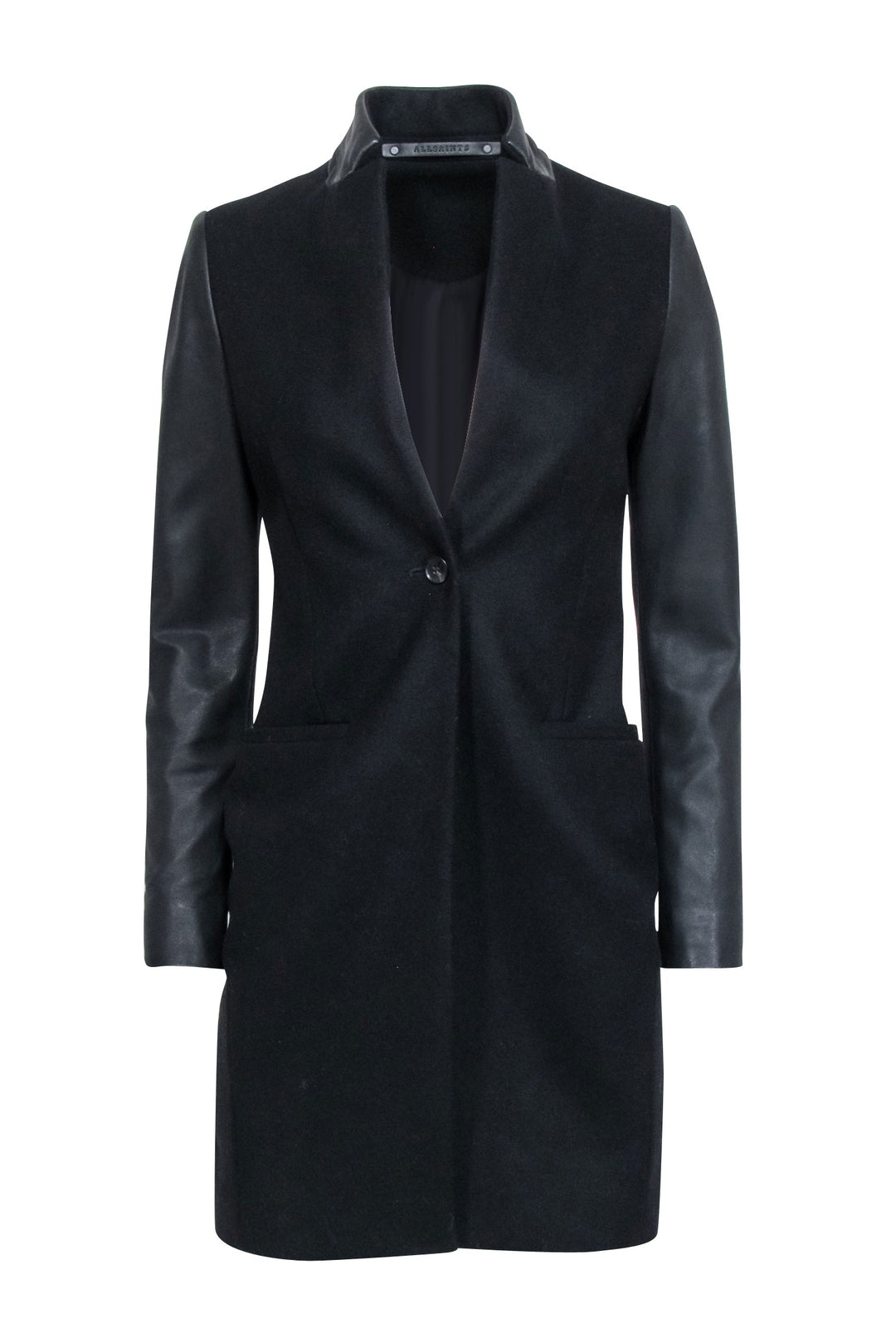 Black wool coat with leather sleeves best sale