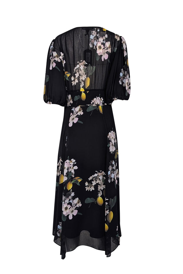 Current Boutique-All Saints - Black w/ Yellow & Ivory Floral Print Puff Sleeve Dress Sz 10