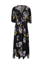 Current Boutique-All Saints - Black w/ Yellow & Ivory Floral Print Puff Sleeve Dress Sz 10