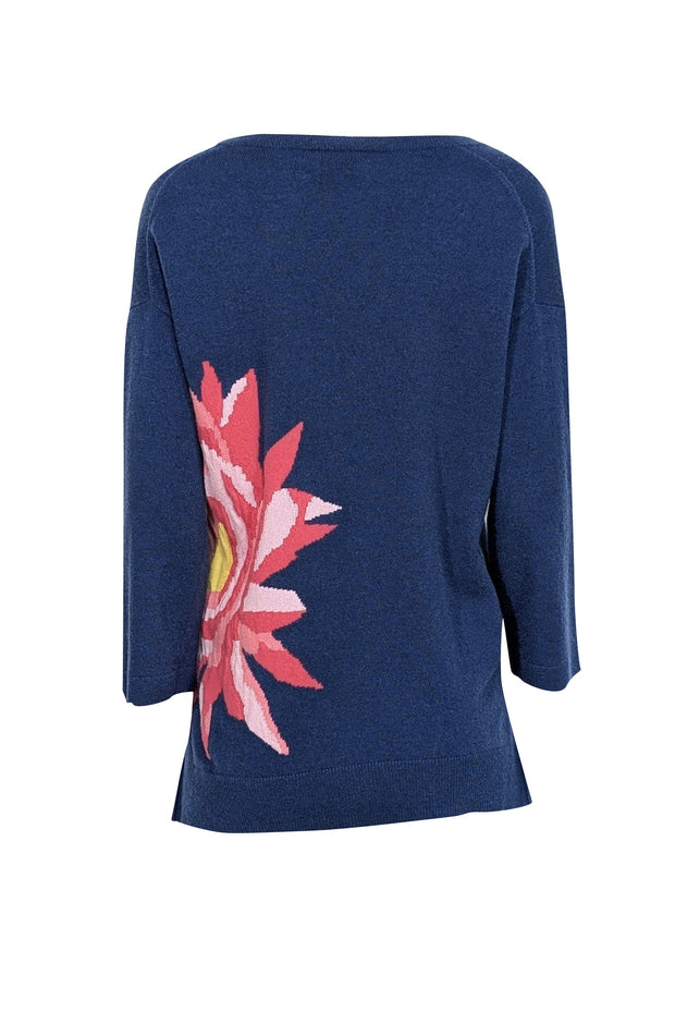 Current Boutique-Allude - Navy Blue Cashmere Sweater w/ Pink Floral Motif Sz S