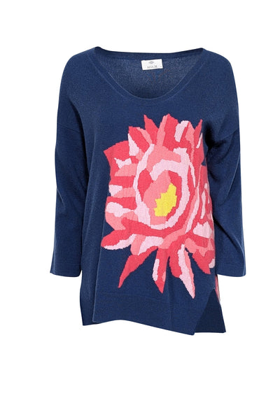 Current Boutique-Allude - Navy Blue Cashmere Sweater w/ Pink Floral Motif Sz S