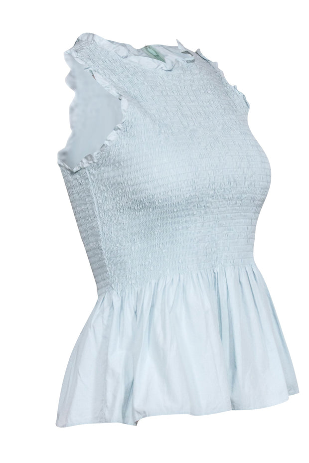 Current Boutique-Amanda Uprichard - Baby Blue Cotton Smocked Peplum Sleeveless Blouse Sz M