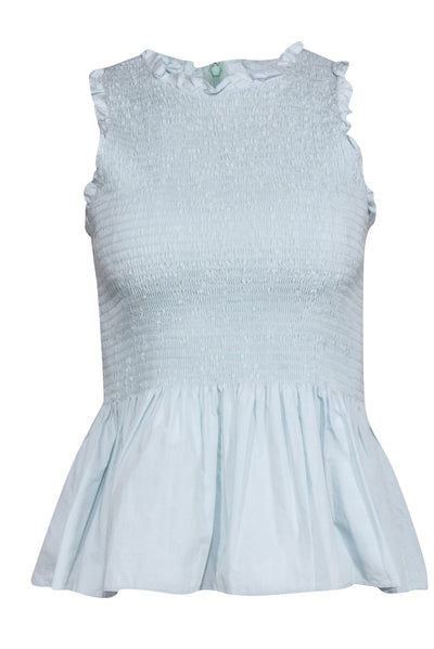 Current Boutique-Amanda Uprichard - Baby Blue Cotton Smocked Peplum Sleeveless Blouse Sz M
