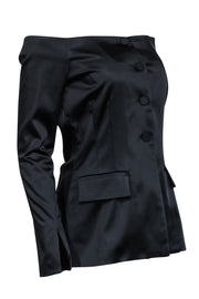 Current Boutique-Amanda Uprichard - Black Satin Off The Shoulder Button front Dress Sz M